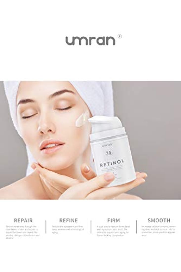 Crema de retinol premium UMRAN, crema hidratante antienvejecimiento 2,5% para el cuidado facial y ocular, esencia antiarrugas con ácido hialurónico, crema de día y noche, vitamina E y té verde, 1.7 fl oz, 1.7 fl.Oz