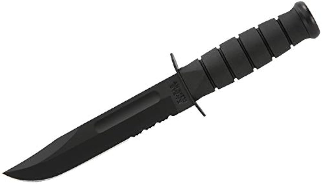 KA-BAR, cuchillo de pelea / usos varios, dentado con punta filosa y con vaina resistente, color negro