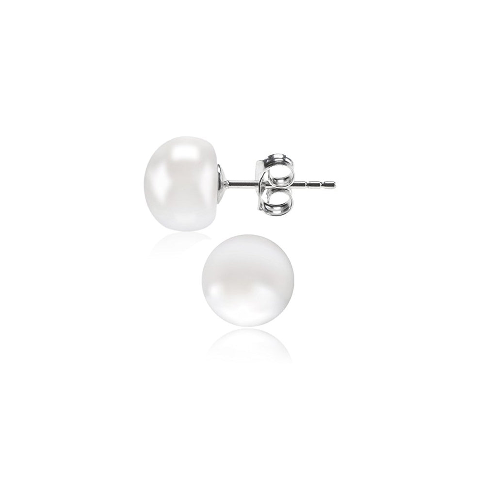 Aretes de perlas de agua dulce con botón blanco y plata