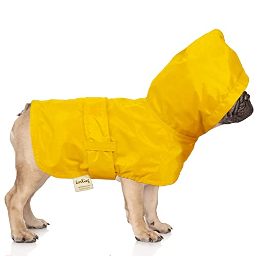 LeerKing Poncho impermeable para perros con forro de algodón, agujero para correa, chaqueta impermeable con capucha, 10 tamaños para perros pequeños, medianos y grandes, amarillo, XXS
