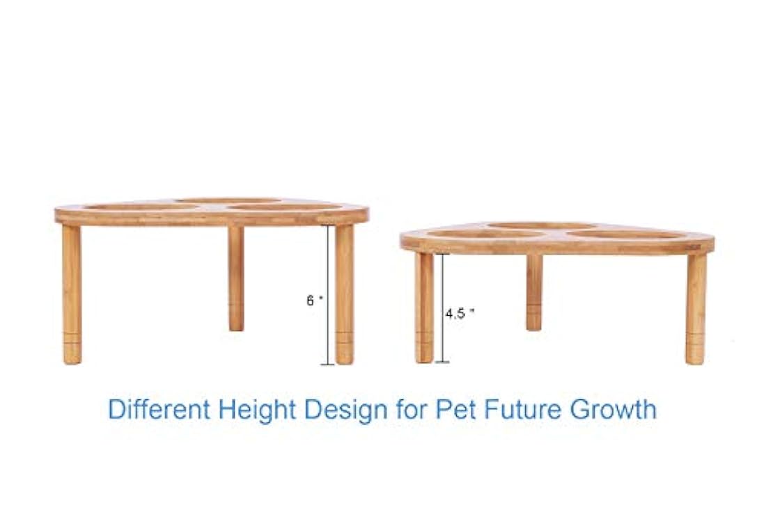 Miss Meow – Cuencos elevados para perros con soporte alimentador, soporte elevado de bambú con 3 cuencos de cerámica y acero inoxidable, antideslizante y pies extraíbles.