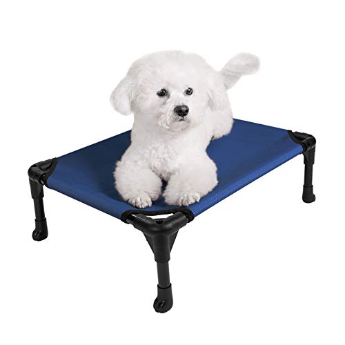 Veehoo - Cama elevada para perros, catre elevado portátil, alfombrilla impermeable y transpirable, tela de malla de textileno duradero, pies antideslizantes, uso en interiores o exteriores, S, Malla azul.
