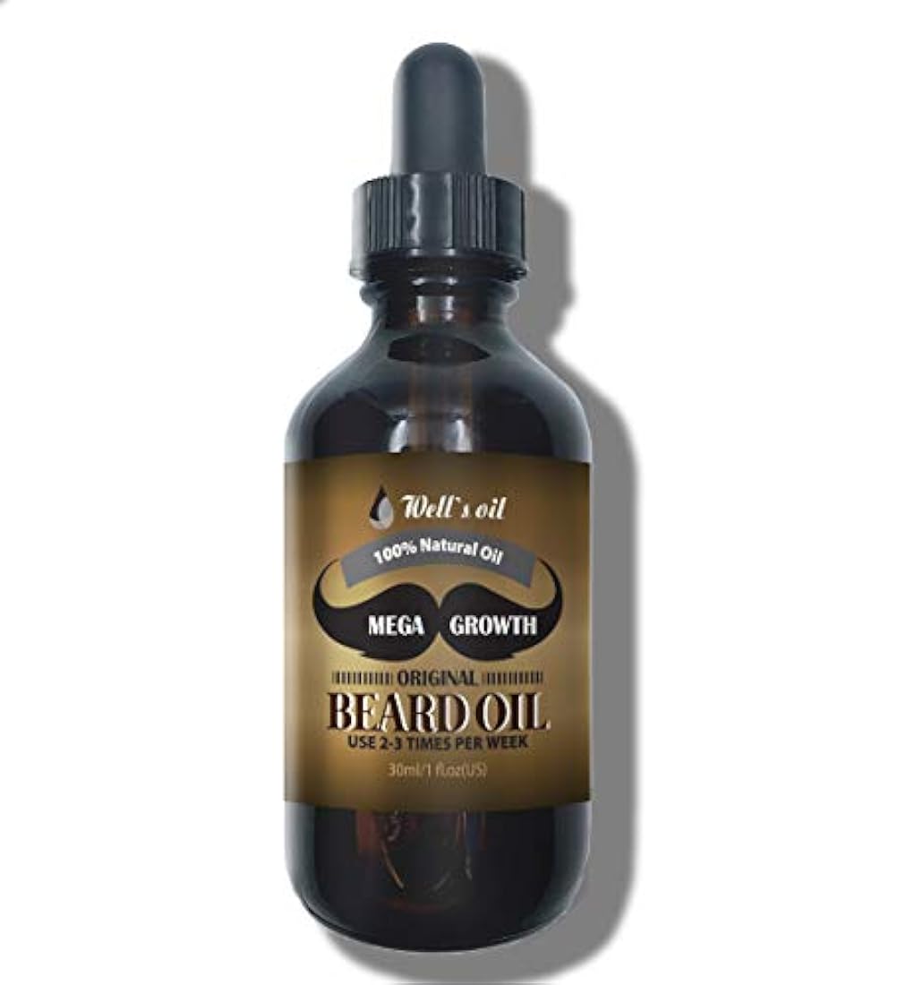 Aceite de barba de Well's de 1.0 fl oz, aceite de barba de crecimiento Mega, ingredientes 100% naturales, regalo perfecto para hombres, limpia el barro, evita el descamación, la sequedad y la picazón.