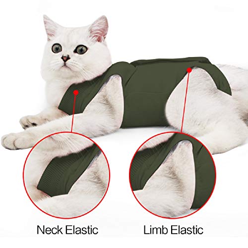 TRAJE de recuperación de cirugía de heridas de gato para heridas abdominales o enfermedades de la piel, uso después de la cirugía, traje de pijama, alternativa de cuello E para gatos (S, verde militar)