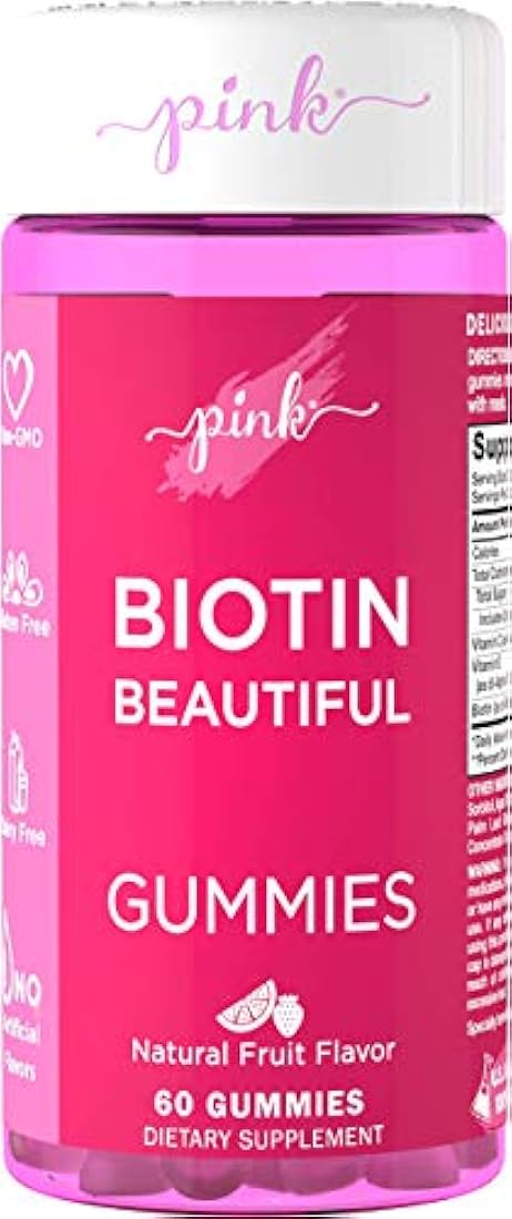 Biotina rosa hermosa para mujer | 60 gomitas de sabor a frutas naturales | Mezcla de ingredientes embelleciendo sin OMG y sin gluten | Creada por mujeres para mujeres