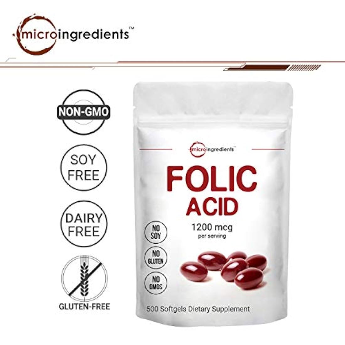 Micro Ingredientes Ácido fólico 1200mcg, 500 cápsulas blandas, Vitamina de Ácido fólico Premium, Apoya la Salud del Corazón y el Desarrollo Prenatal, sin OMG y sin gluten