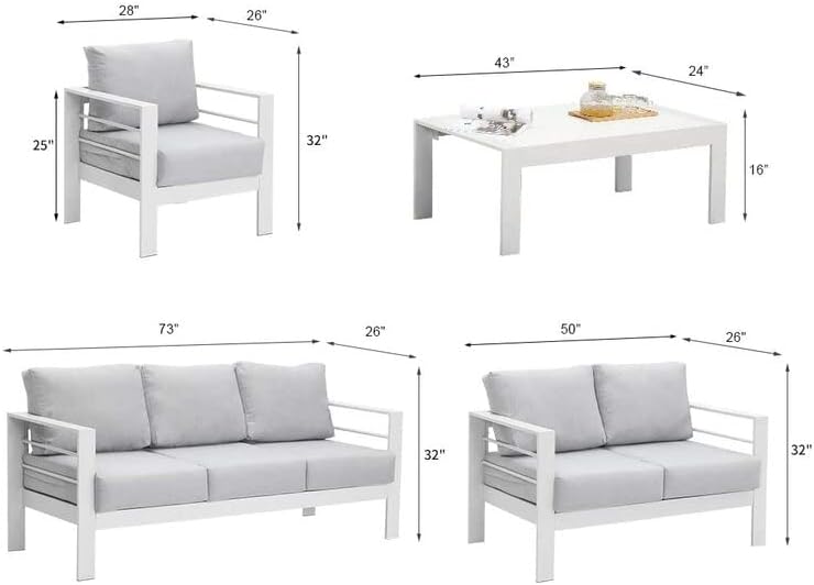 Solaste Juego de muebles de aluminio para patio, 5 piezas, moderno juego de conversación al aire libre, sofá seccional con cojín mejorado y mesa auxiliar, color blanco