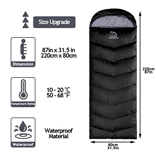 Friendriver Tamaño XL versión mejorada del saco de dormir de camping 4 estaciones cálido y fresco, peso más ligero, adultos y niños pueden utilizar bolsa de camping impermeable, viajes y actividades al aire libre
