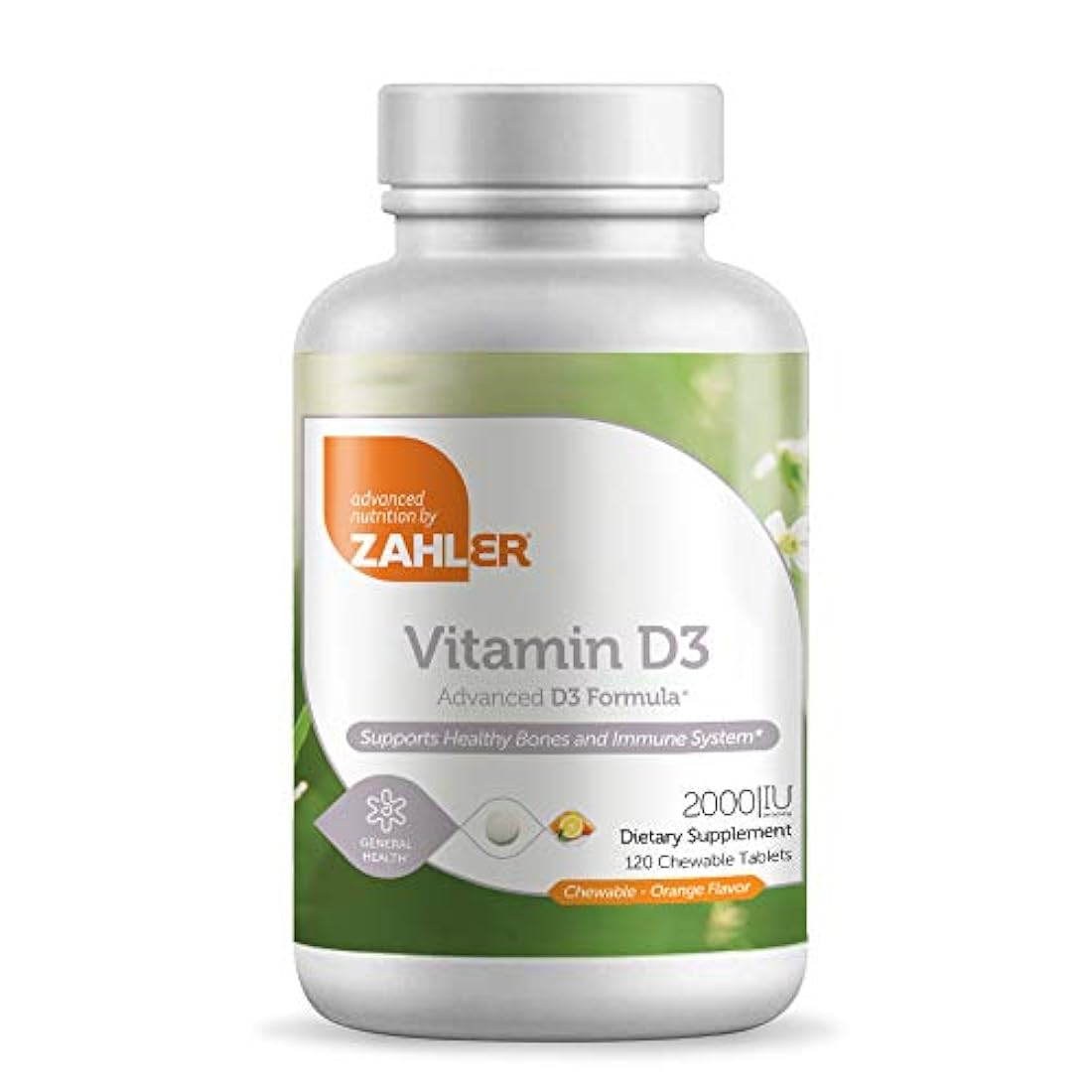 Zahler Vitamina D3 CHEWABLE 2000IU, un suplemento totalmente natural que se dirige a las deficiencias de vitamina D, certificado Kosher, 120 tabletas con sabor a naranja de gran sabor