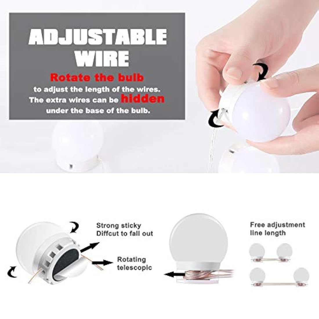 luces de espejo de tocador de color ajustable y brillo