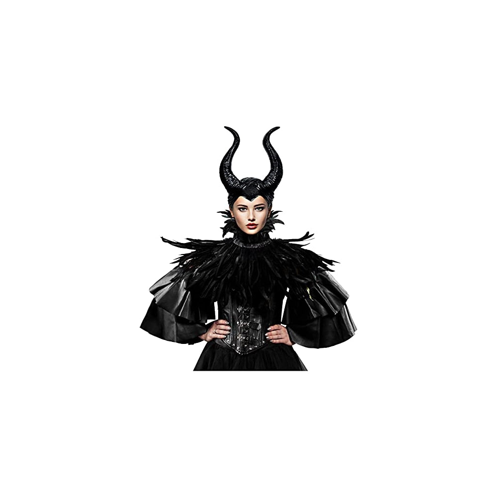 Disfraz chal gótico con plumas negras y cuernos Maleficent