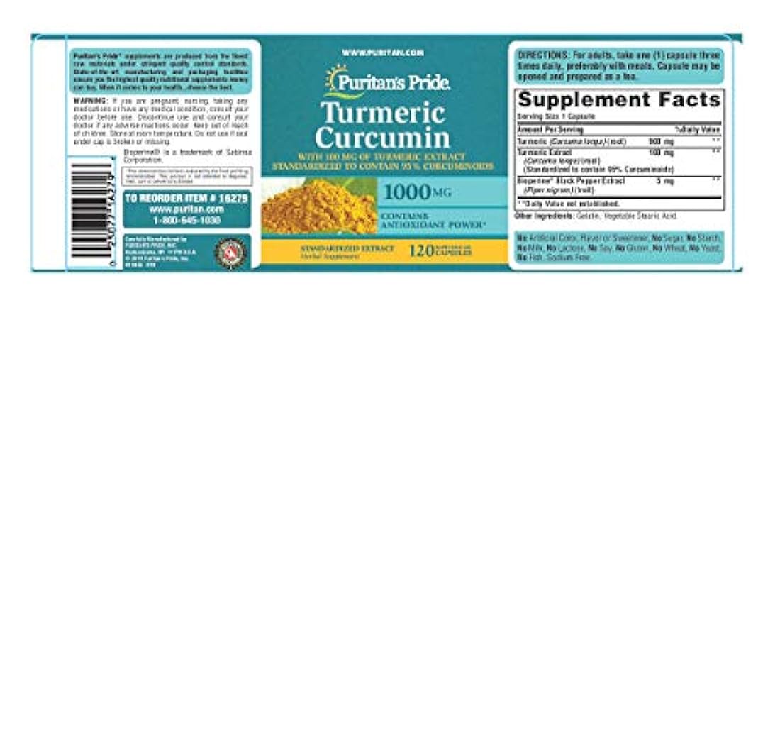 Puritan's Pride cúrcuma Curcumina 1000 mg con Bioperine 5 mg