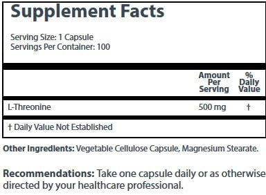 Suplemento L-treonina 500 mg 100 cápsulas