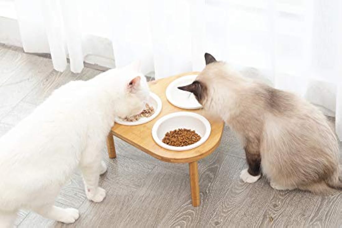 Miss Meow – Cuencos elevados para perros con soporte alimentador, soporte elevado de bambú con 3 cuencos de cerámica y acero inoxidable, antideslizante y pies extraíbles.