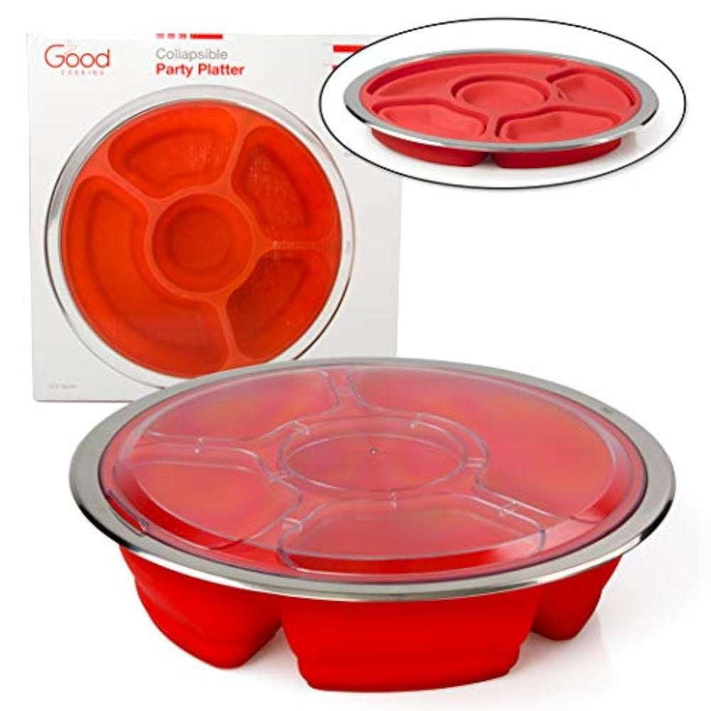 Plegable Plato de fiesta y servidor Bandeja para aperitivos con tapa y acero inoxidable rim- 100% última intervensión de BPA y silicona de calidad alimentaria
