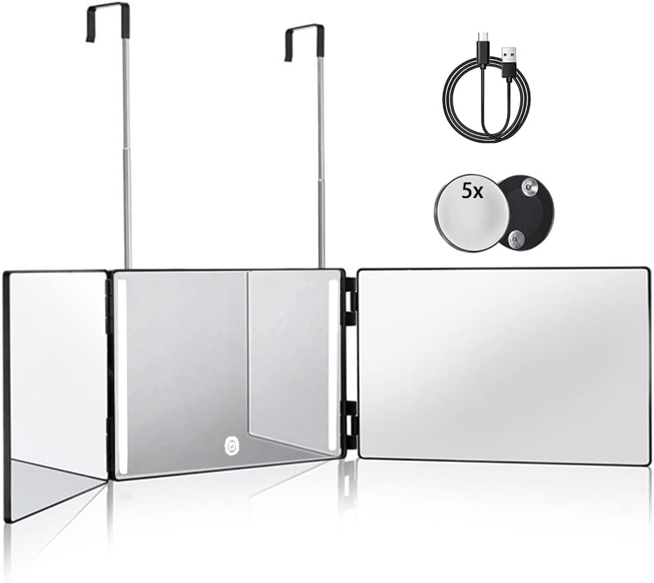 Espejo de 3 vías para corte de cabello con LED HIEEY