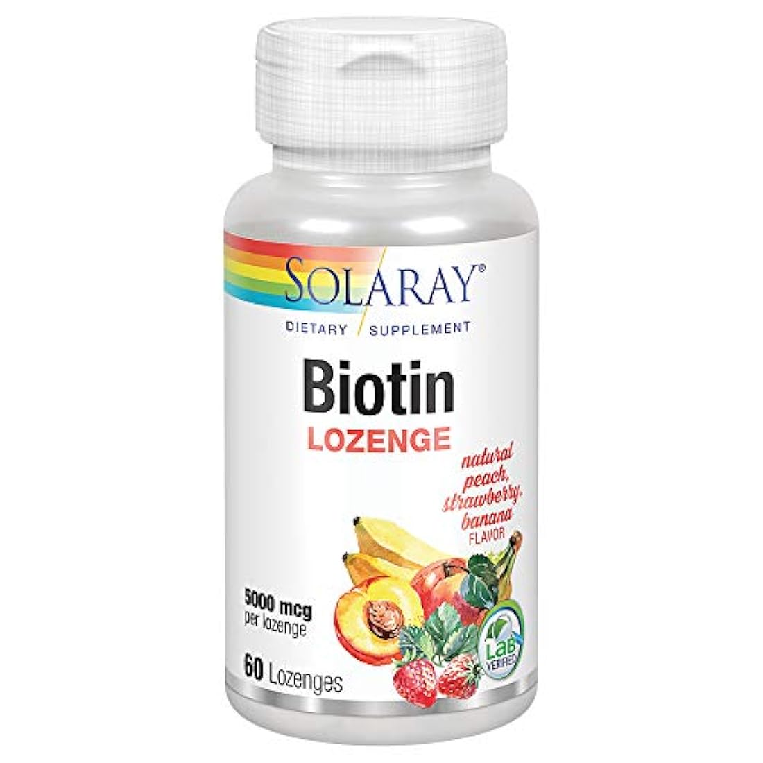 Solaray Biotin 5000 mcg Natural Melocotón, Fresa, Sabor de plátano | Cabello saludable, soporte de piel y uñas | 60 pastillas