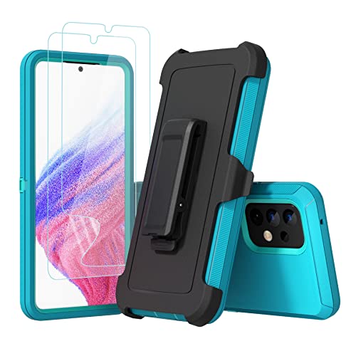 Funda compatible con Samsung Galaxy A53 5G, con clip para cinturón, resistente, resistente a prueba de golpes, protección de cuerpo completo, con función atril, para Samsung Galaxy A53 5G (verde azulado y azul claro)