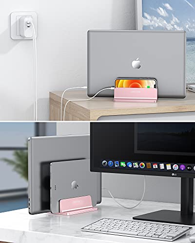 OMOTON - Soporte vertical para portátil, soporte de escritorio doble con base ajustable (hasta 17.3 pulgadas), se adapta a todos los MacBook/Surface/Samsung/HP/Dell/Chrome Book (oro rosa)
