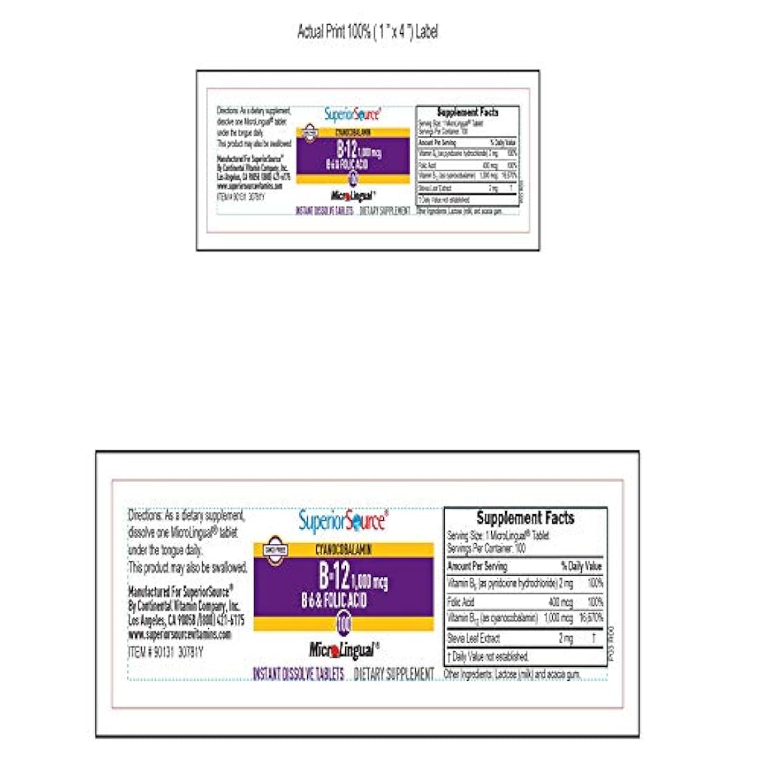 microlingual no Shot Cyanocobalamin B12 (1000mcg) + B6 & ácido fólico (400mcg), 076635901319, 100, 1, 1