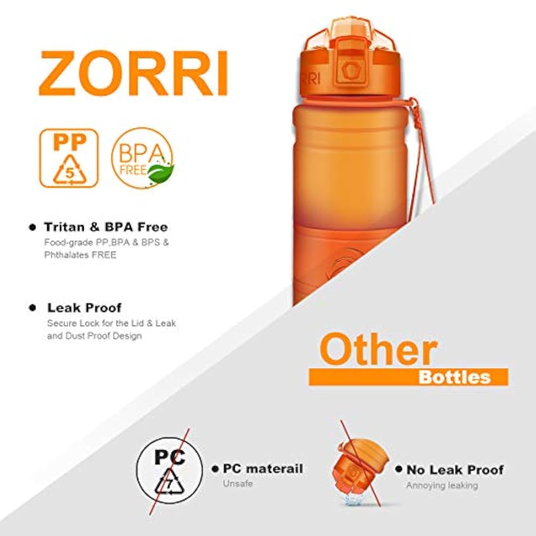 Botella de agua deportiva Zorri, 13.5, 17, 23.6 onzas
