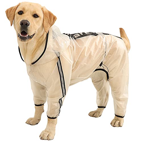 Olsa Chubasquero para perro, poncho con capucha para perro, chaqueta impermeable para perros pequeños, medianos y grandes de 4 patas con rayas reflectantes, transparente a prueba de agua, resistente al agua, ropa de nieve para perros pequeños