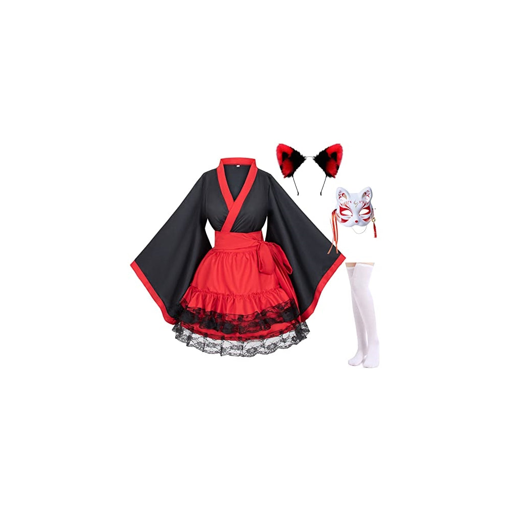 Disfraz de zorro de anime japonés rojo y blanco talla XS