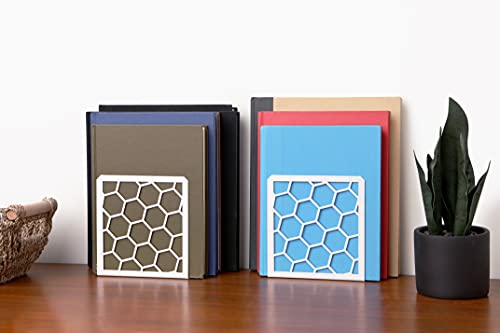 Sujetalibros geométricos de alta calidad con forma de panal de metal (blanco, 1 par) para estantes