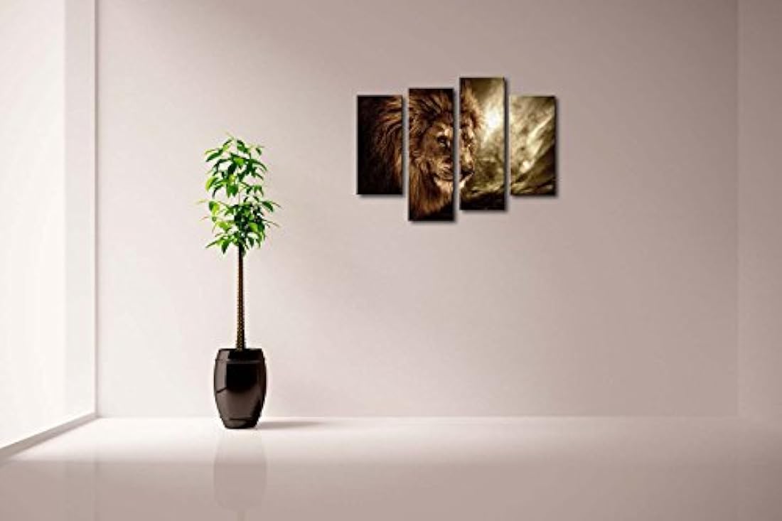 Cuadro de 4 paneles para pared con diseño de león feroz l hogar, pieza de regalo (estirado por marco de madera, listo para colgar)