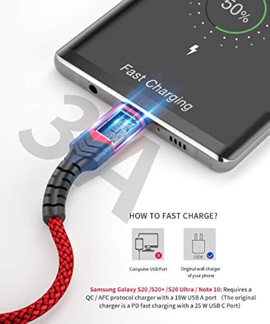 Cable USB tipo C (2 paquetes de 6.6 pies) para Samsung