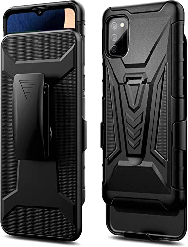 NZND Funda para Samsung Galaxy A03S con protector de pantalla de vidrio templado (máxima cobertura), funda de clip para cinturón con soporte integrado, resistente a los golpes, funda protectora protectora protectora a prueba de golpes (negro)