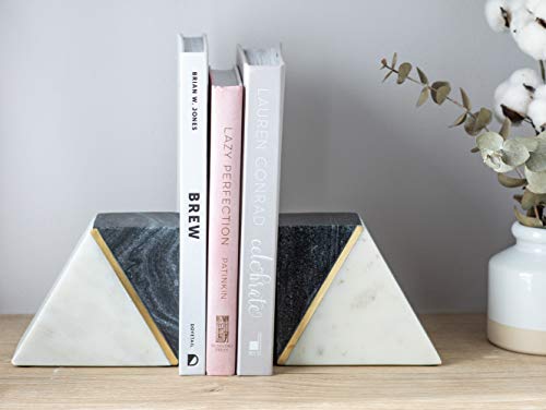 Cork & Mill Sujetalibros de mármol, juego de 2 tapones decorativos pesados con parte inferior antideslizante, decoración hecha a mano de mármol sólido (blanco/gris + latón)