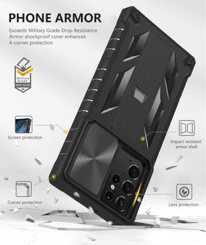 Funda para Samsung Galaxy S22 Ultra: protección de grado militar a prueba de caídas, resistente funda protectora S22 Note 5G con soporte integrado y deslizante, diseño de parachoques texturizado mate de TPU a prueba de golpes, color negro