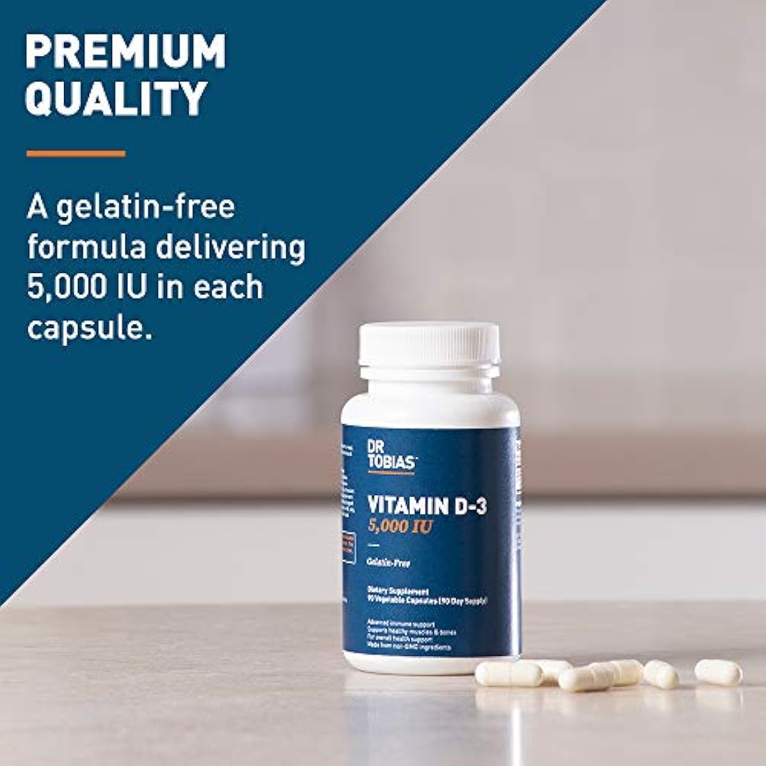 Vitamina D3 5000 IU libre de gelatina con antioxidantes