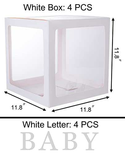 Sooyee Cajas de bebé con letras para baby shower, decoraciones de baby shower transparentes blancas, cajas de globos transparentes, telón de fondo, fiesta de cumpleaños, revelación de género, recuerdos reutilizables en caja de regalo, 4 bloques de bebé
