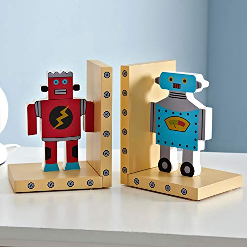 JHNIF un par de sujetalibros robots de madera rojo y azul