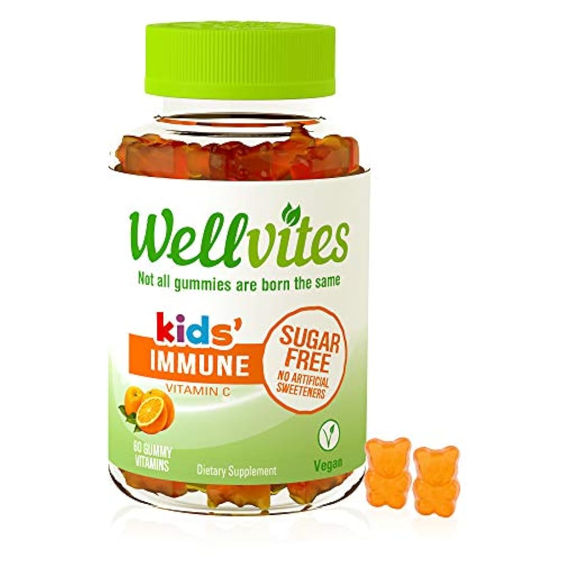 Wellvites Kids inmune diario libre de azúcar libre de gomitas veganas: vitamina C – edulcorante, libre de gluten, sin gelatina y sin OMG, 60 unidades (suministro de 30 días)