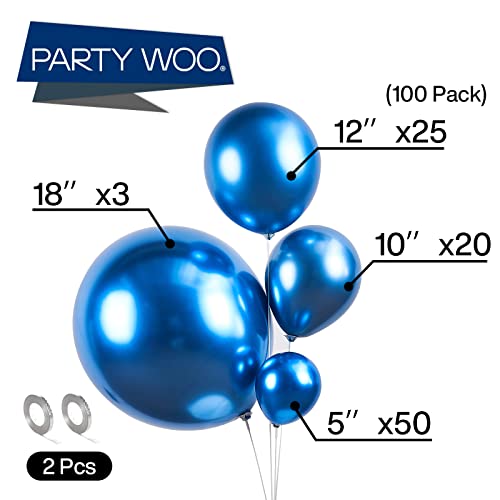 PartyWoo Globos azules, 100 unidades de globos metálicos azules con arco de guirnalda de globos de látex de 18 pulgadas, 12 pulgadas, 10 pulgadas, 5 pulgadas y cinta de 65.6 ft para bautizos, baby shower, decoraciones de cumpleaños
