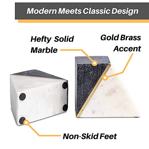 Cork & Mill Sujetalibros de mármol, juego de 2 tapones decorativos pesados con parte inferior antideslizante, decoración hecha a mano de mármol sólido (blanco/gris + latón)