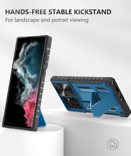 Funda para Samsung Galaxy S22 Ultra: resistente funda protectora S22 Ultra 5G con soporte y deslizamiento integrados, TPU a prueba de golpes, diseño mate texturizado de grado militar, protección contra caídas - Azul
