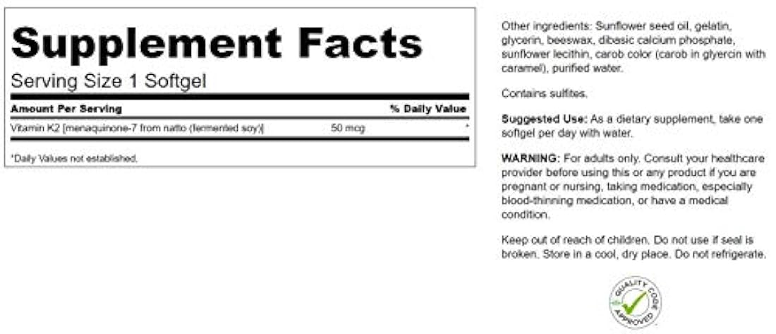 Swanson Natural Vitamina K2 (Menaquinone-7 al 100% con tela de algodón de pato de Natto) 50 mcg 30 sgels