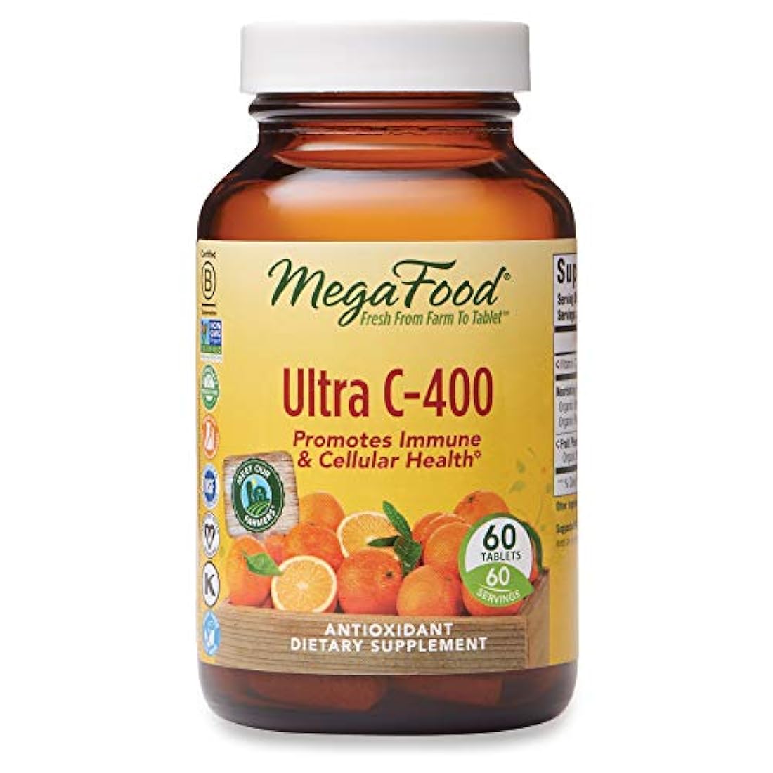 MegaFood, Ultra C-400, soporta la salud inmune y celular, suplemento de vitamina C antioxidante, sin gluten, vegano, 60 tabletas (60 porciones)