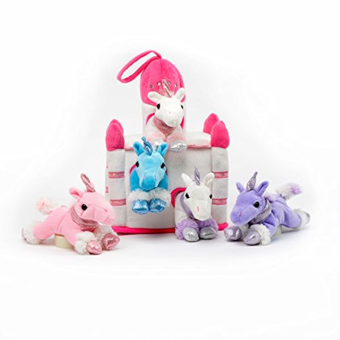 Castillo de unicornio con animales de felpa, cinco unidades