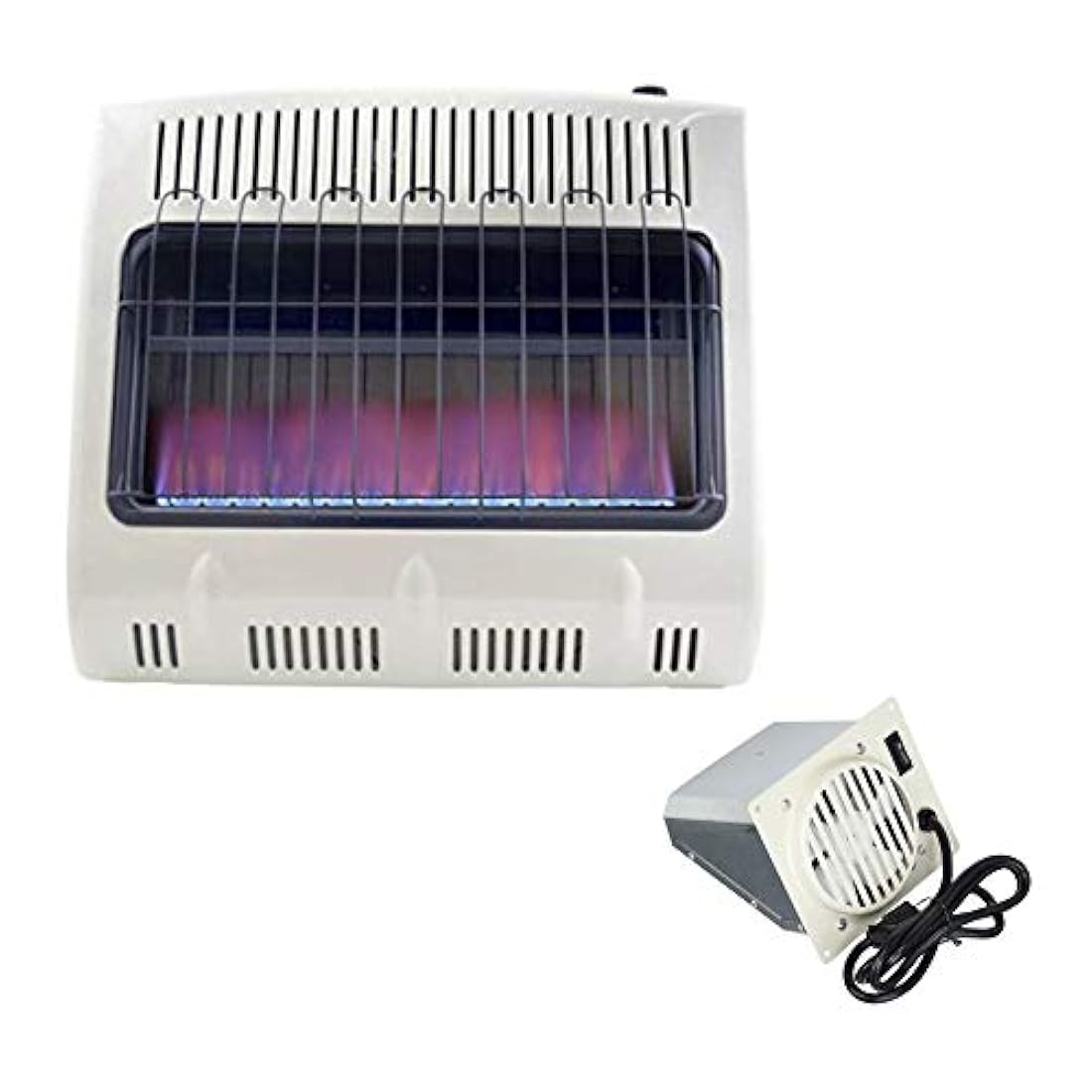Calentador de propano de 30 K BTU (azul) y ventilador
