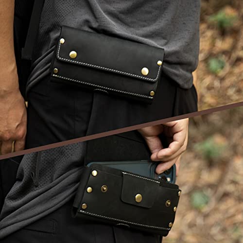 Topstache Funda de cuero para teléfono con cinta para cinturón, dos bolsillos, funda para teléfono celular, tarjetero de cuero, cartera para dinero en efectivo y teléfono, soporte para teléfono para iPhone 13 Pro Max, 13 Pro, color negro