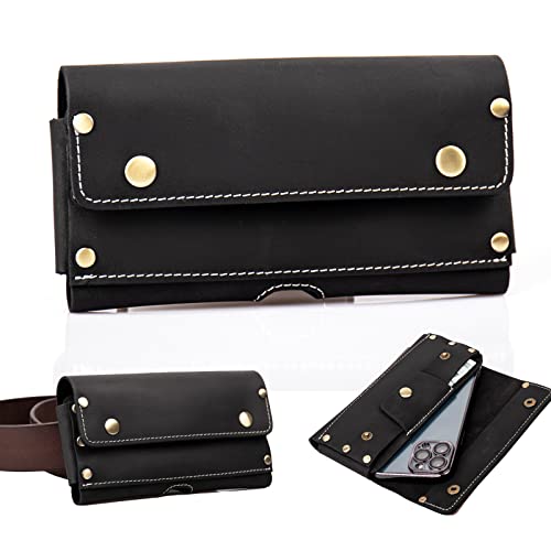 Topstache Funda de cuero para teléfono con cinta para cinturón, dos bolsillos, funda para teléfono celular, tarjetero de cuero, cartera para dinero en efectivo y teléfono, soporte para teléfono para iPhone 13 Pro Max, 13 Pro, color negro