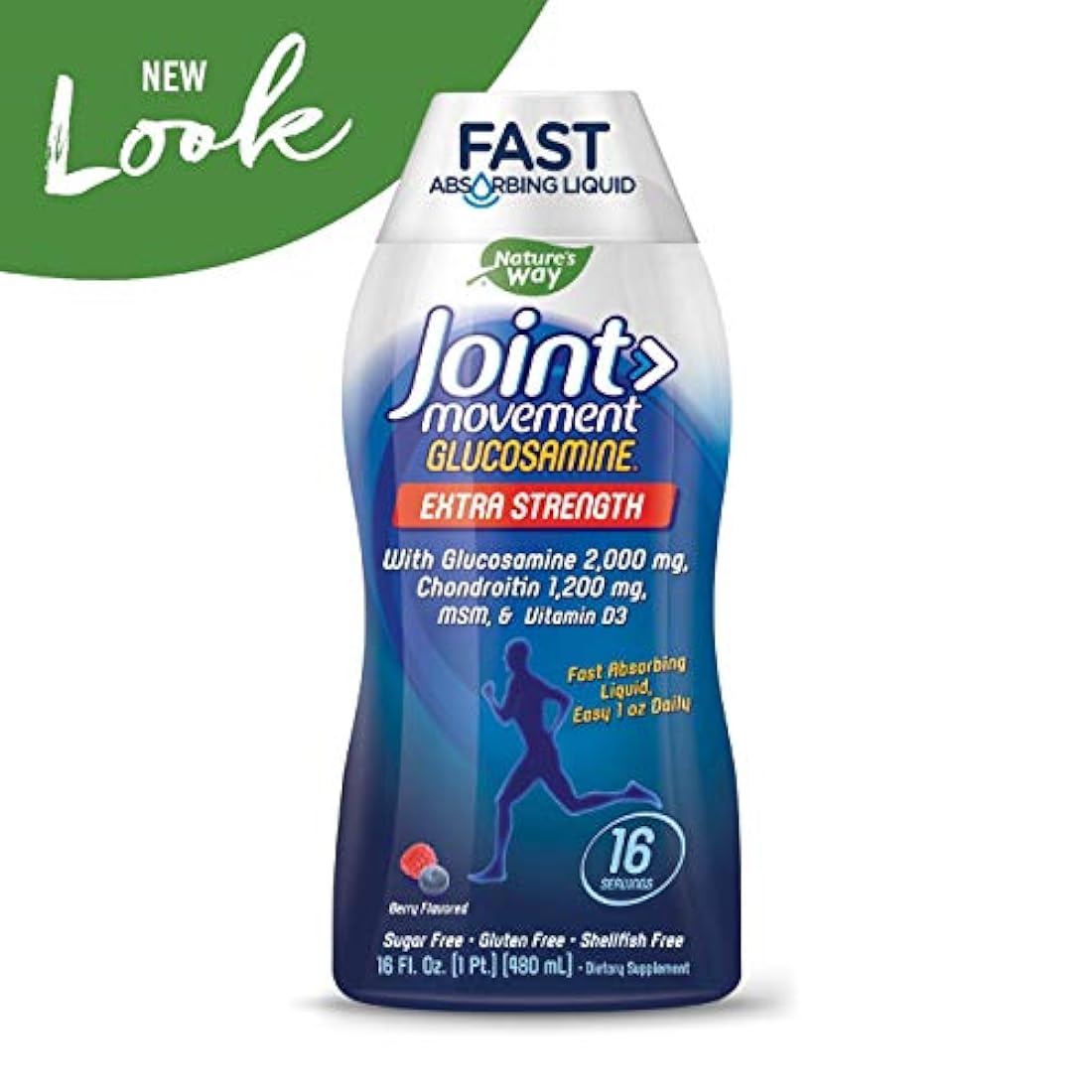 Movimiento articulado Glucosamina de rápida absorción, 16 días de suministro, 16 onzas (16.2 fl oz), bayas naturales (el embalaje puede variar)