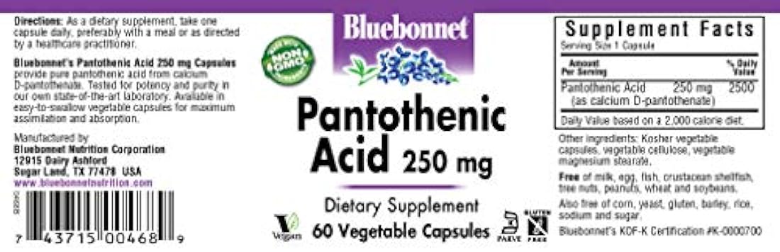 Bluebonnet ácido pantoténico 250 mg cápsulas vegetales, 60 unidades