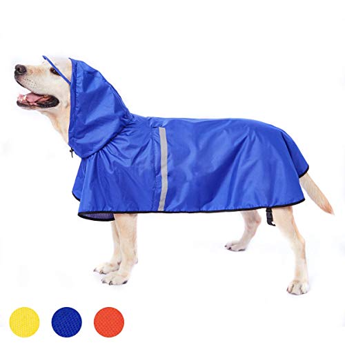 Chubasquero para perros con correa ajustable para el vientre y agujero para correa, sudadera con capucha con tira reflectante, impermeable, ligera, transpirable, poncho de lluvia para perros medianos y grandes, fácil de llevar