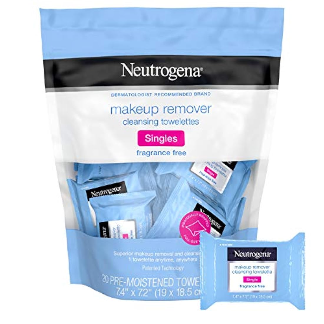 Neutrogena - Towelette de limpieza sin fragancias, toallitas de limpieza diarias envueltas individualmente para eliminar la suciedad, el aceite, el maquillaje y el rimel impermeable para viajes y en la marcha, 20 unidades (paquete de 6)
